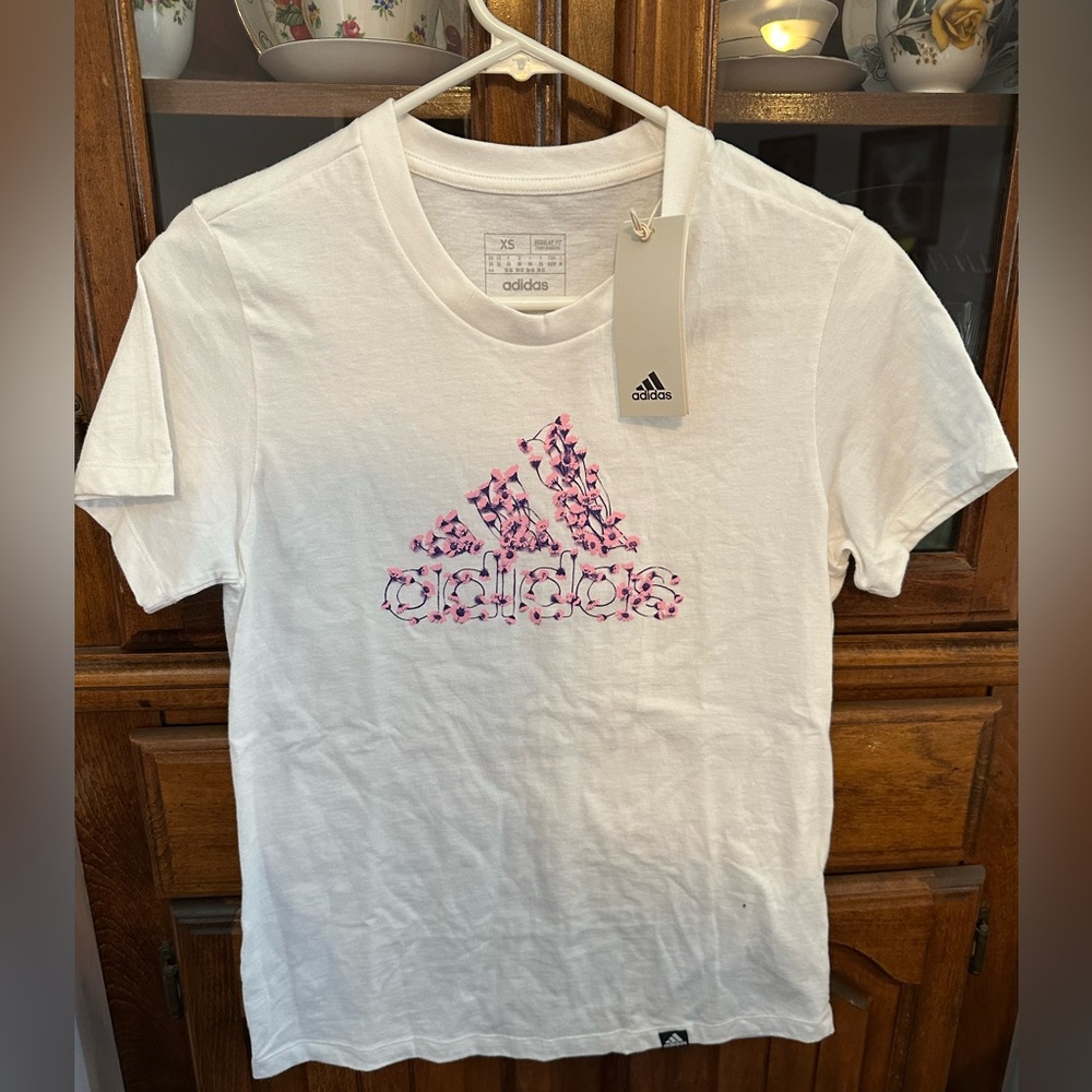 adidas White Tee with Pink Logo